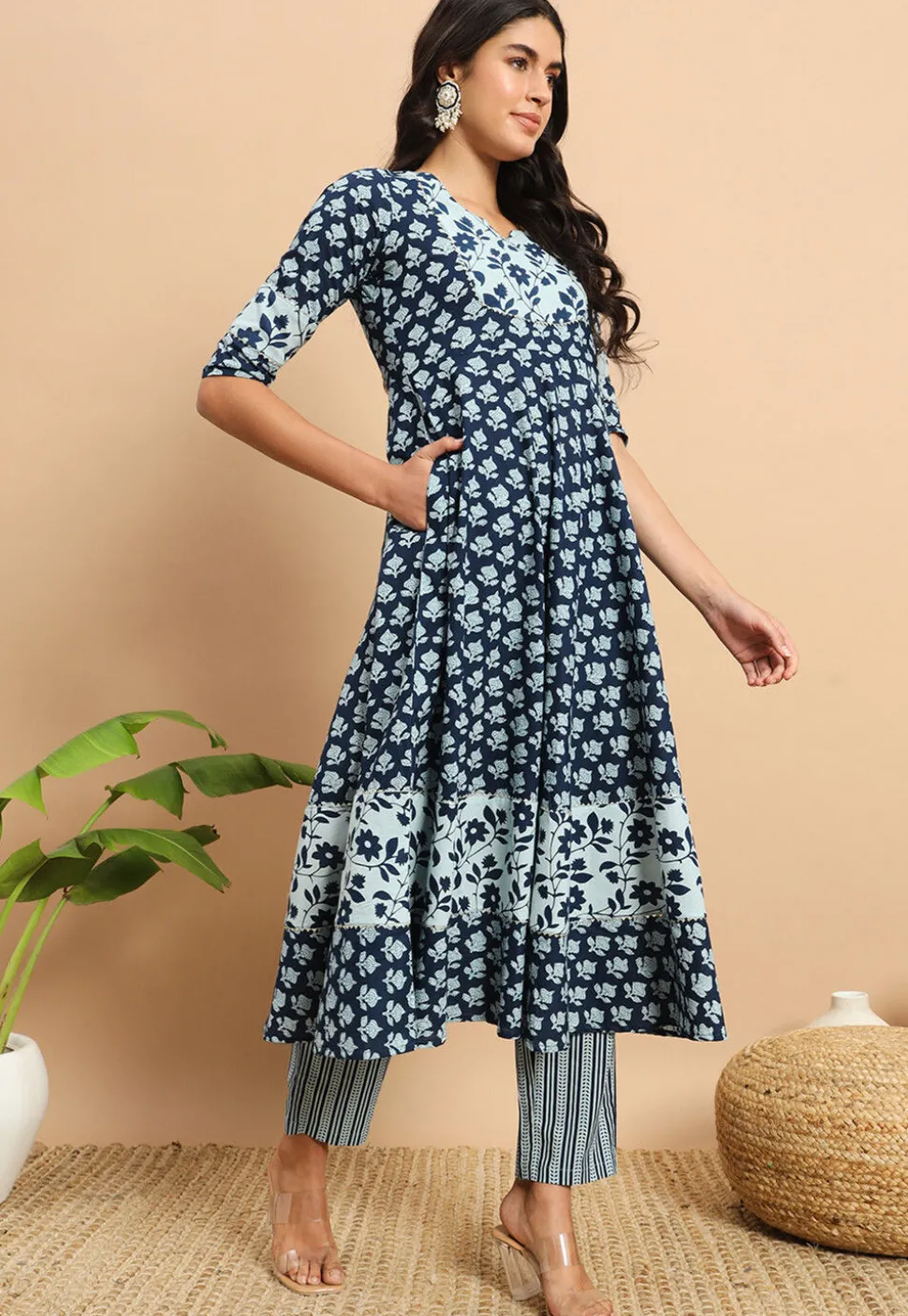 Digital Printed Cotton A Line Kurta Set in Blue