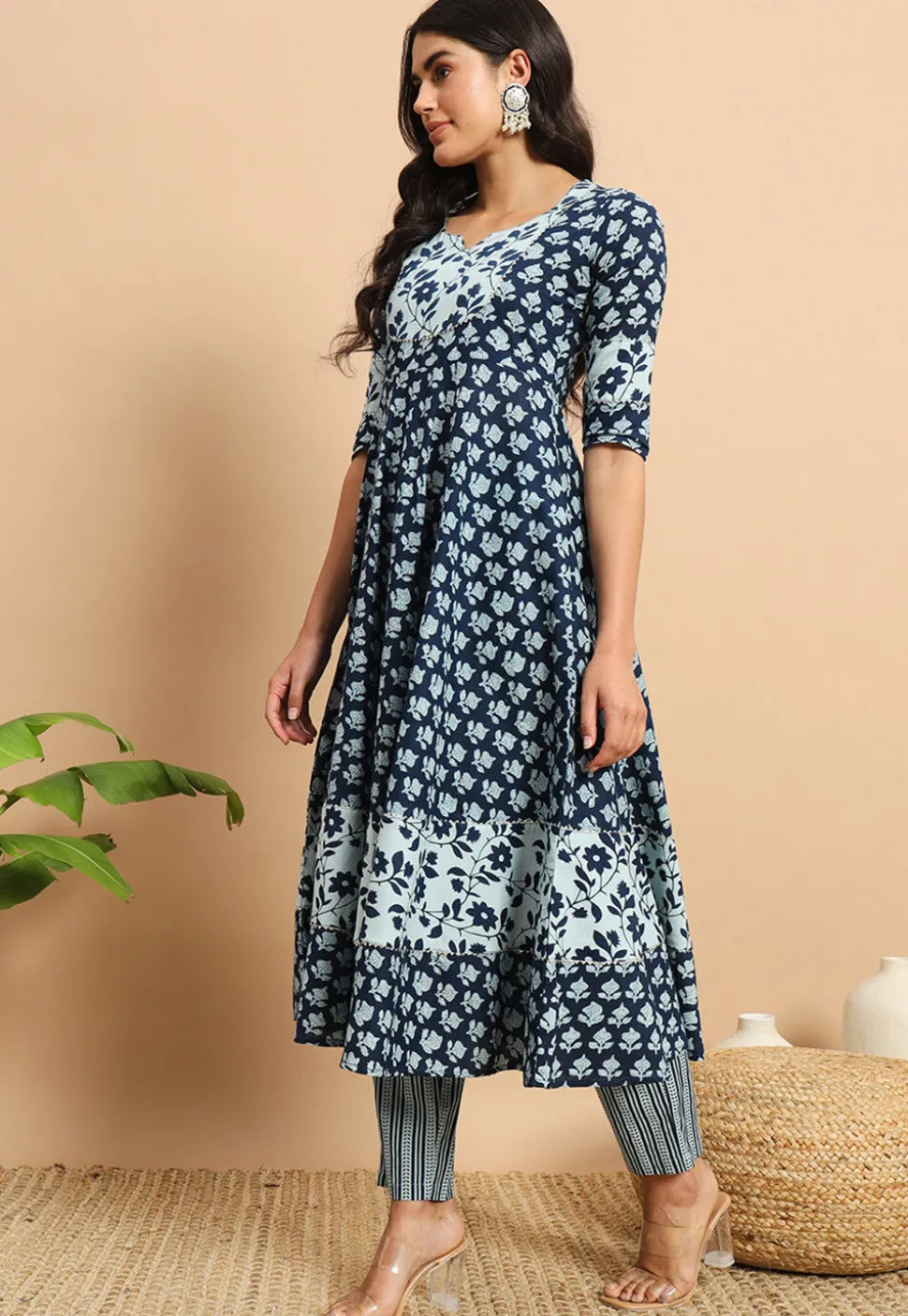 Digital Printed Cotton A Line Kurta Set in Blue