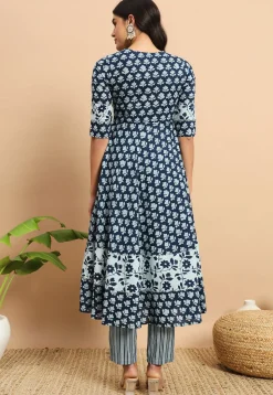 Digital Printed Cotton A Line Kurta Set in Blue