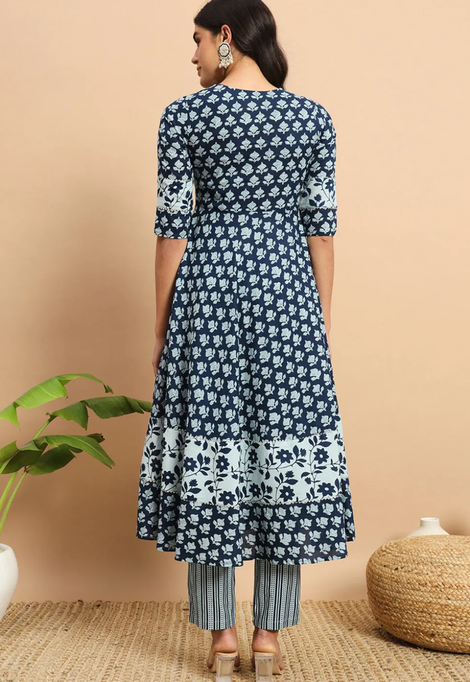 Digital Printed Cotton A Line Kurta Set in Blue