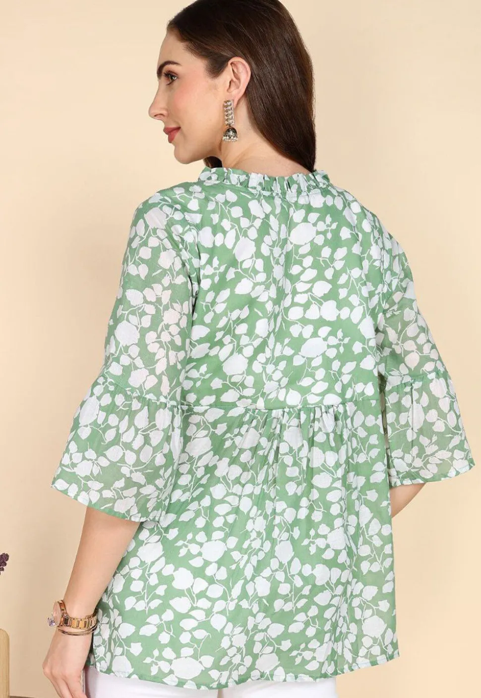 Digital Printed Cotton A Line Kurti in Pastel Green