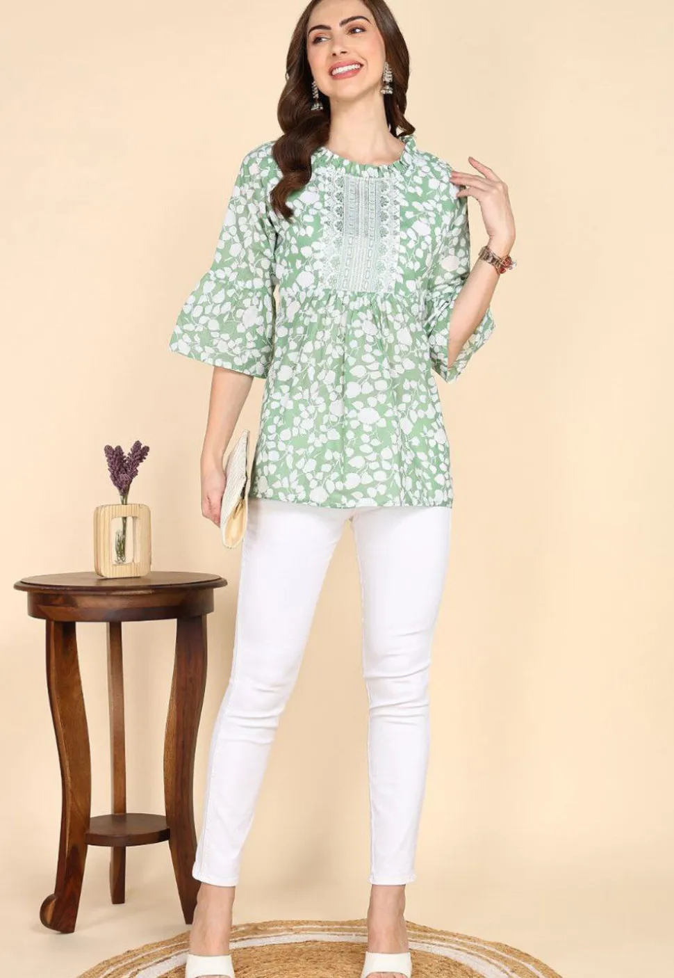 Digital Printed Cotton A Line Kurti in Pastel Green