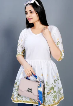 Digital Printed Cotton A Line Kurti in Off White