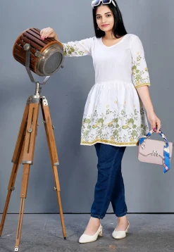 Digital Printed Cotton A Line Kurti in Off White