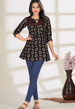 Digital Printed Cotton A Line Kurti in Black