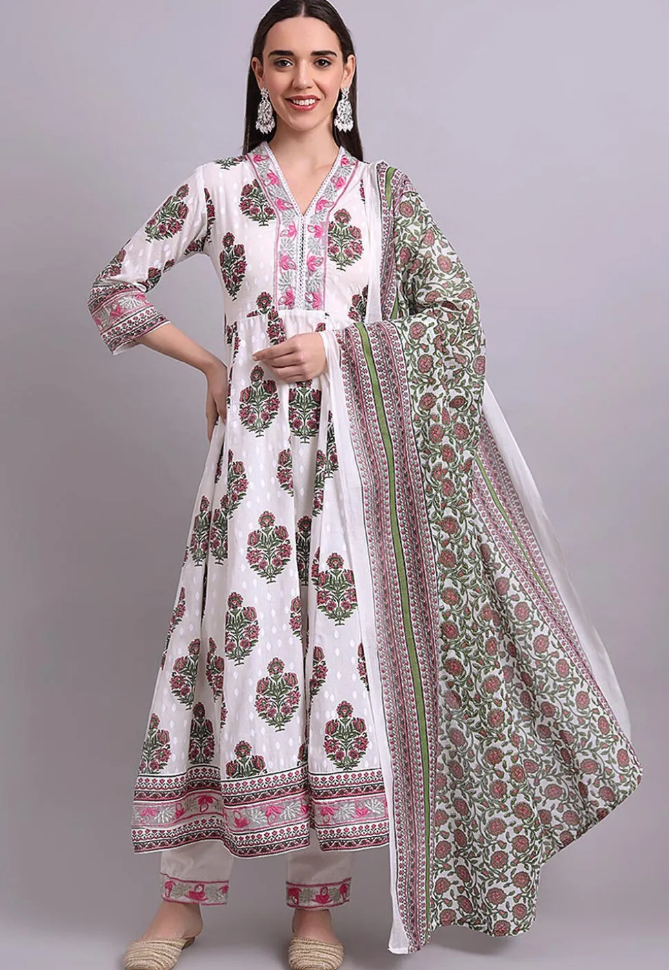 Digital Printed Cotton A Line Suit in Off White