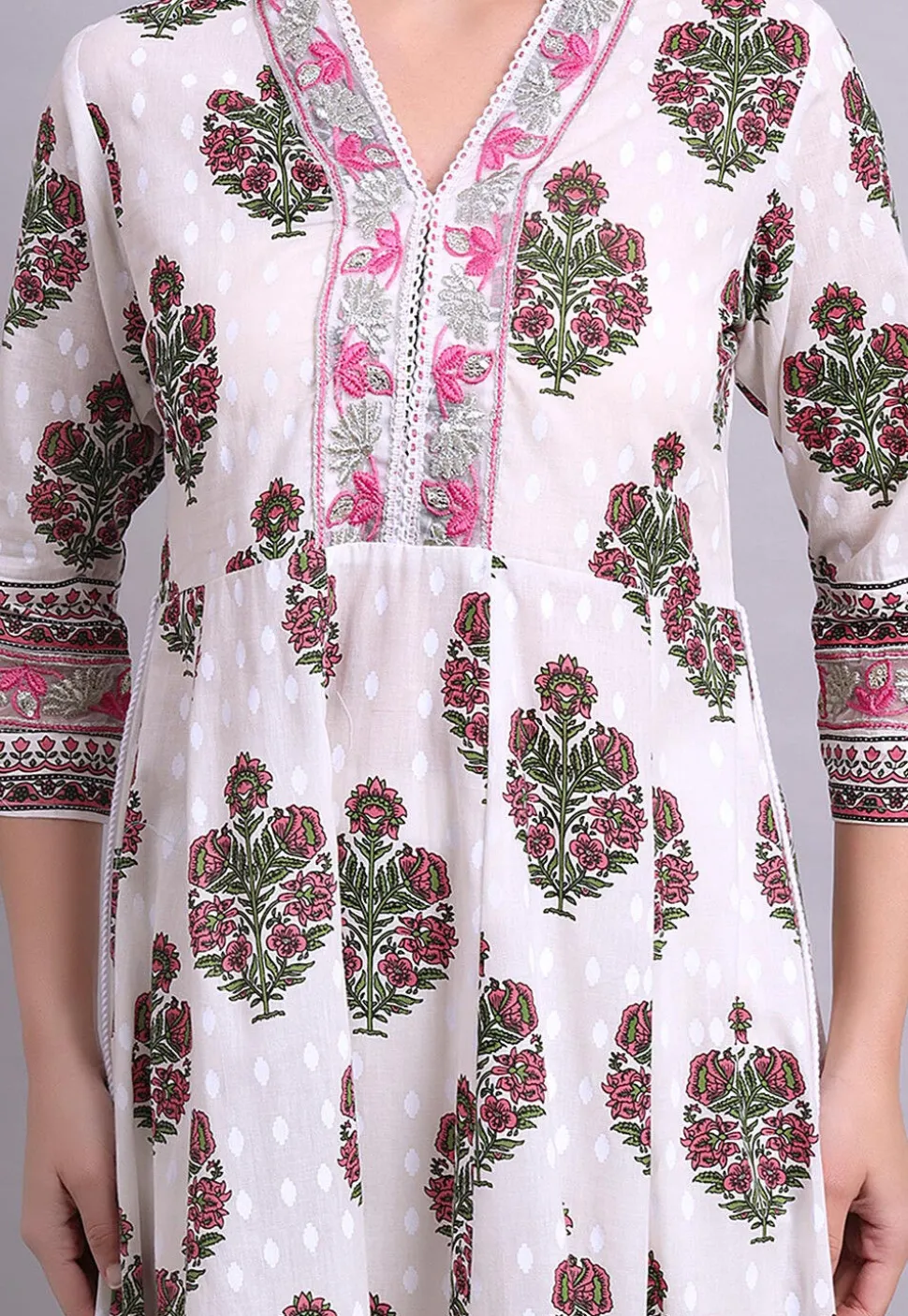 Digital Printed Cotton A Line Suit in Off White