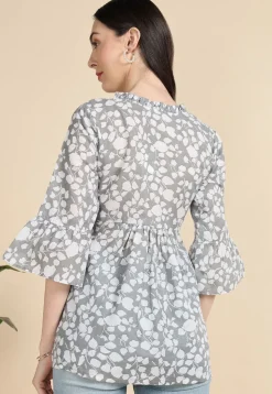 Digital Printed Cotton A Line Kurti in Grey