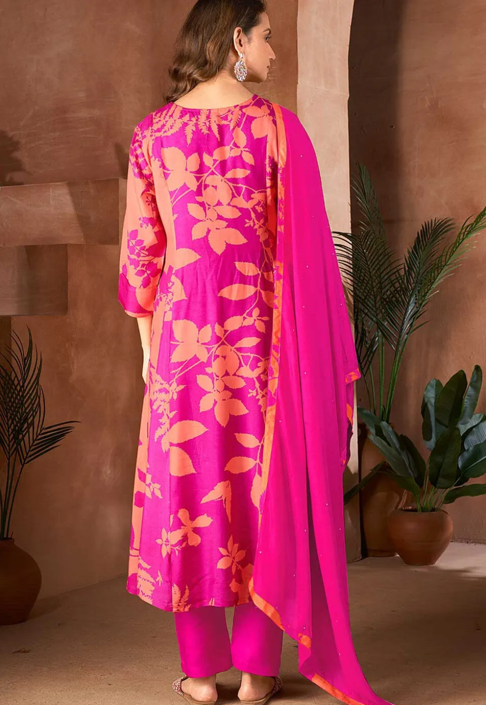 Digital Printed Cotton Aline Suit in Pink