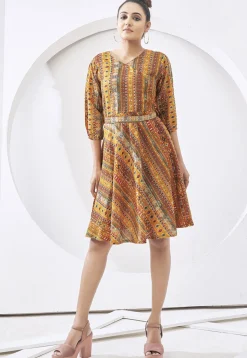 Digital Printed Cotton Aline Dress in Mustard