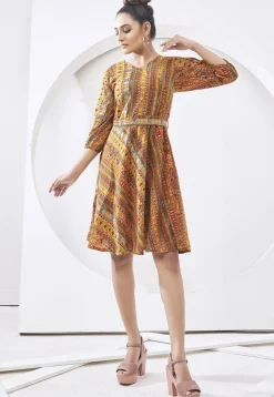 Digital Printed Cotton Aline Dress in Mustard