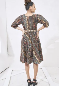 Digital Printed Cotton Aline Dress in Grey