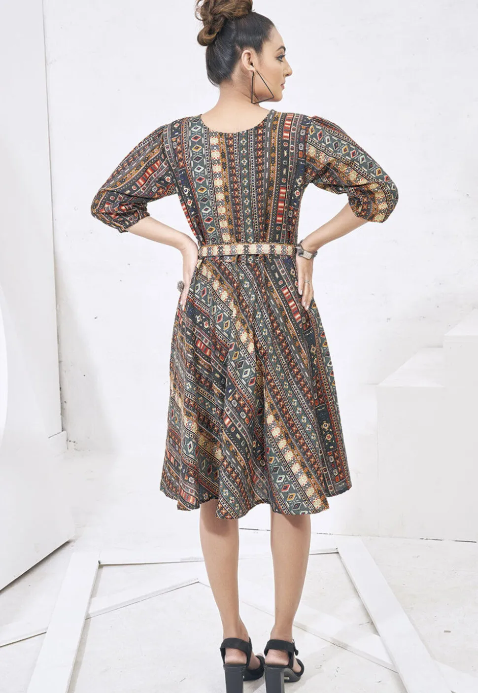 Digital Printed Cotton Aline Dress in Grey