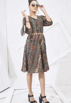 Digital Printed Cotton Aline Dress in Grey