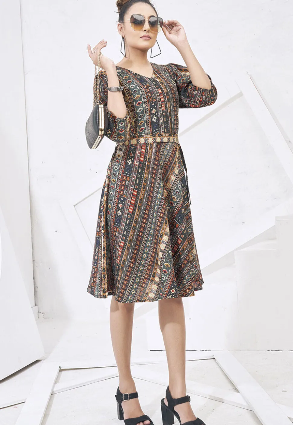 Digital Printed Cotton Aline Dress in Grey