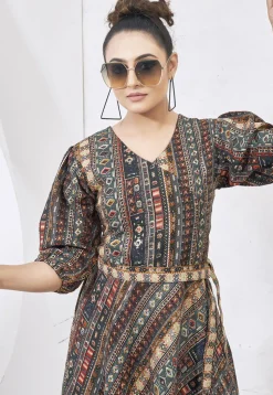 Digital Printed Cotton Aline Dress in Grey