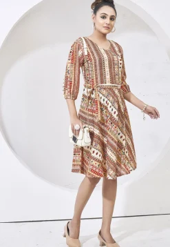 Digital Printed Cotton Aline Dress in Cream
