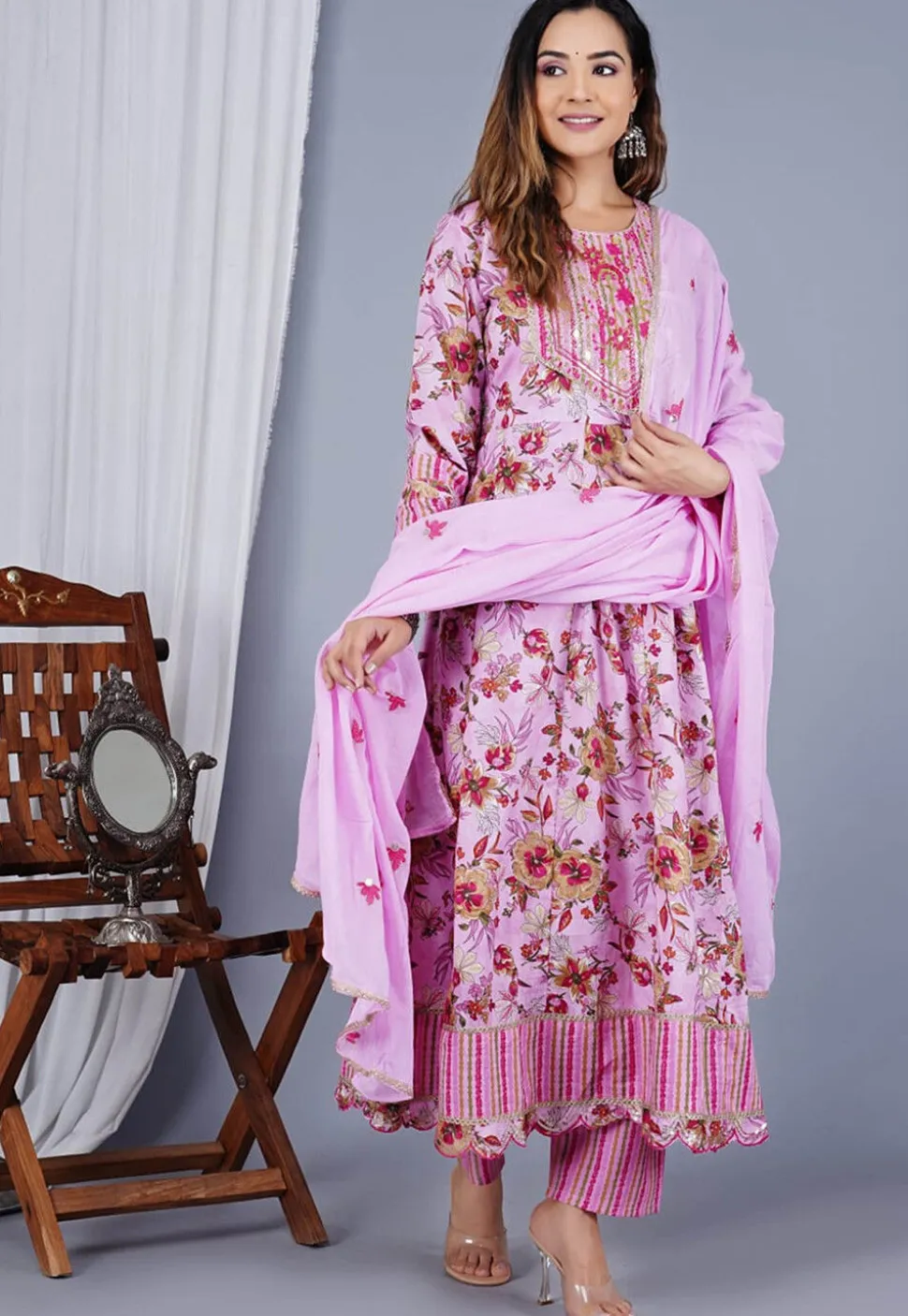 Digital Printed Cotton Anarkali Suit in Pink