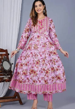 Digital Printed Cotton Anarkali Suit in Pink