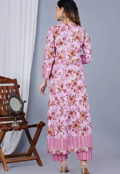Digital Printed Cotton Anarkali Suit in Pink