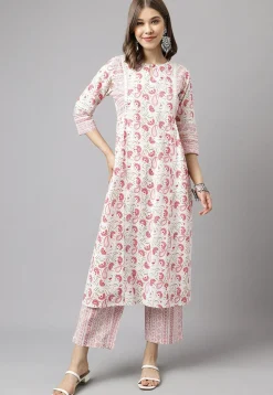Digital Printed Cotton Anarkali Suit in Off White