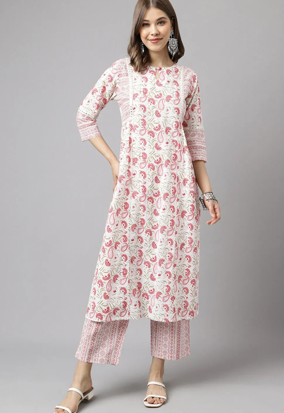 Digital Printed Cotton Anarkali Suit in Off White