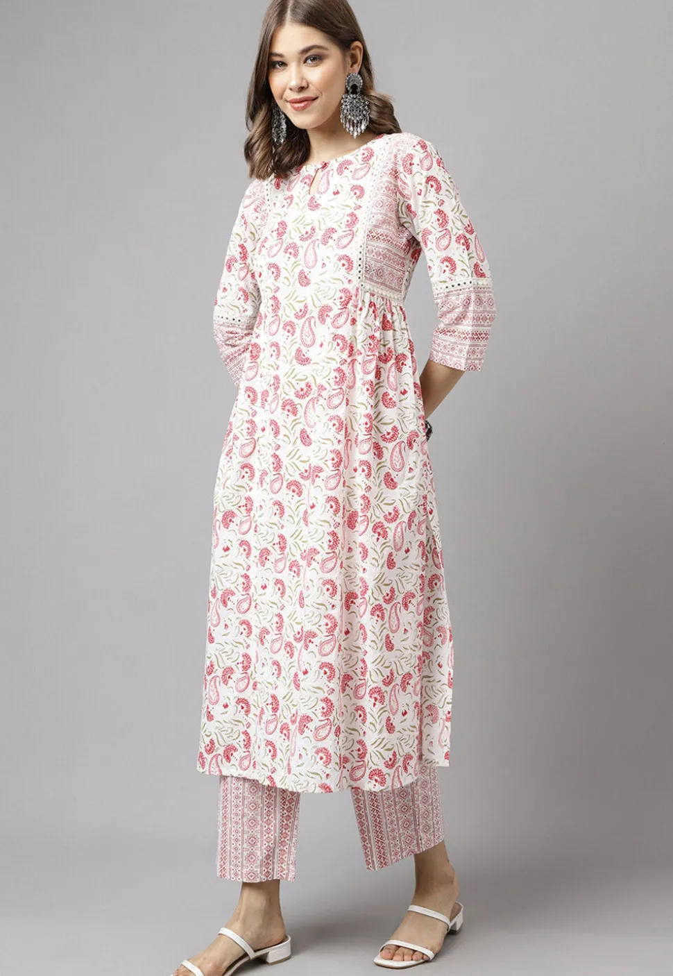 Digital Printed Cotton Anarkali Suit in Off White