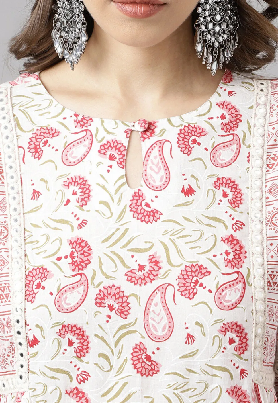 Digital Printed Cotton Anarkali Suit in Off White