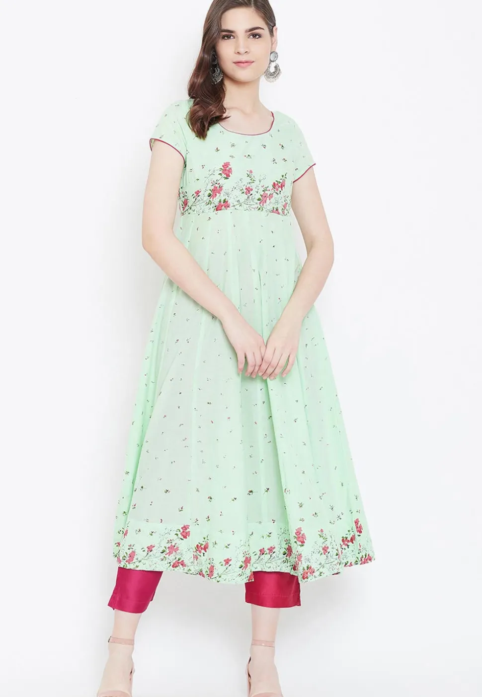 Digital Printed Cotton Anarkali Kurta in Light Green
