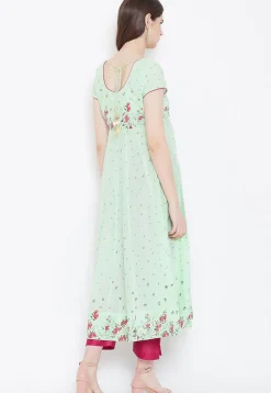 Digital Printed Cotton Anarkali Kurta in Light Green