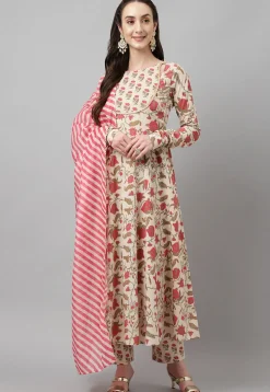 Digital Printed Cotton Anarkali Suit in Light Beige