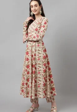 Digital Printed Cotton Anarkali Suit in Light Beige