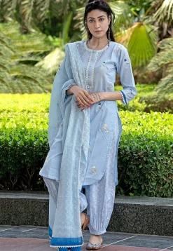 Digital Printed Cotton Cambric Punjabi Suit in Sky Blue