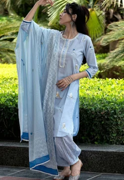 Digital Printed Cotton Cambric Punjabi Suit in Sky Blue