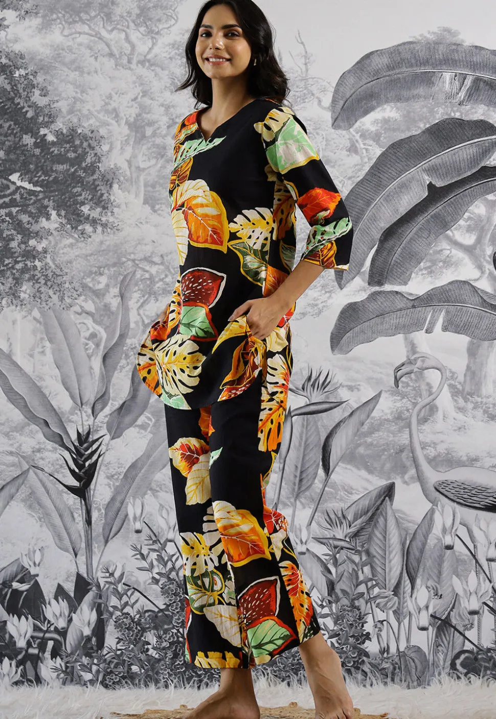 Digital Printed Cotton Co Ord Set in Black