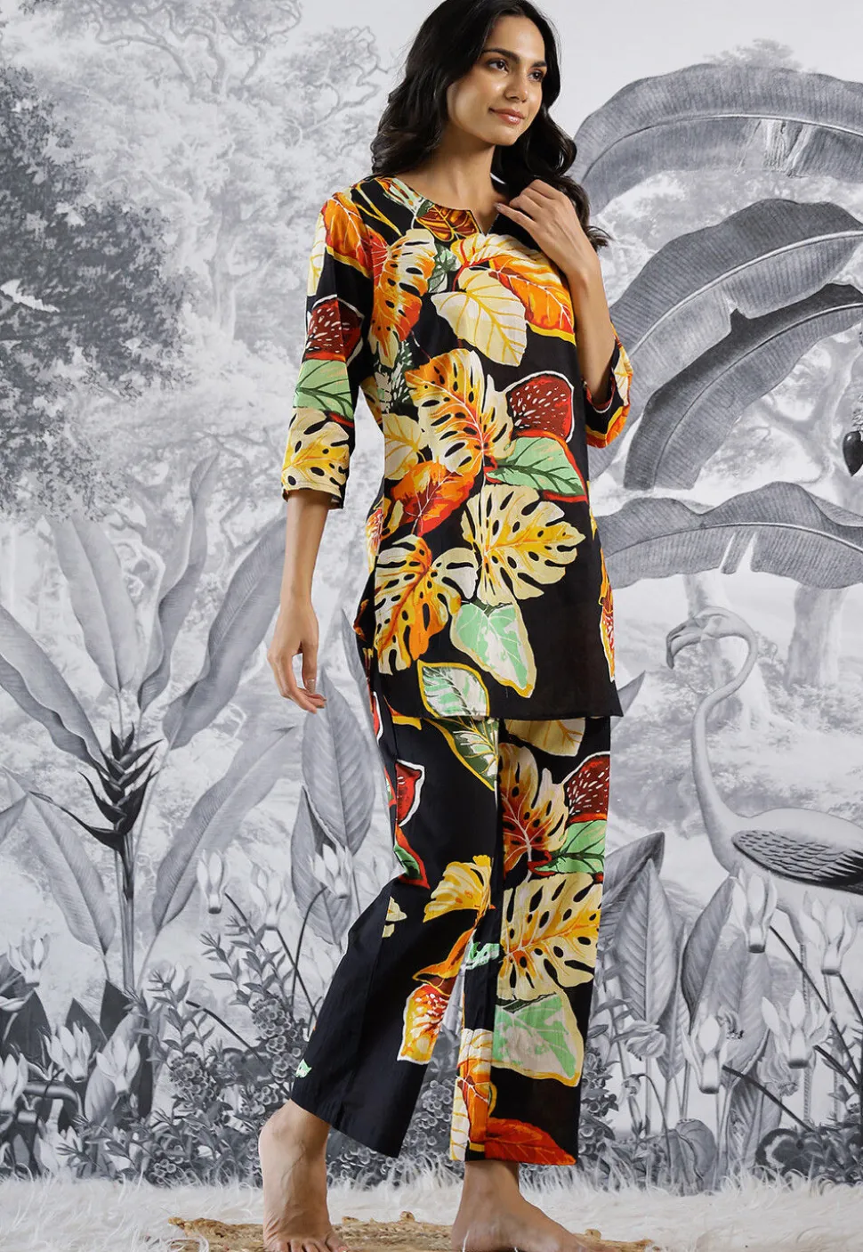 Digital Printed Cotton Co Ord Set in Black