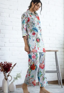 Digital Printed Cotton Co Ord Set in Light Grey