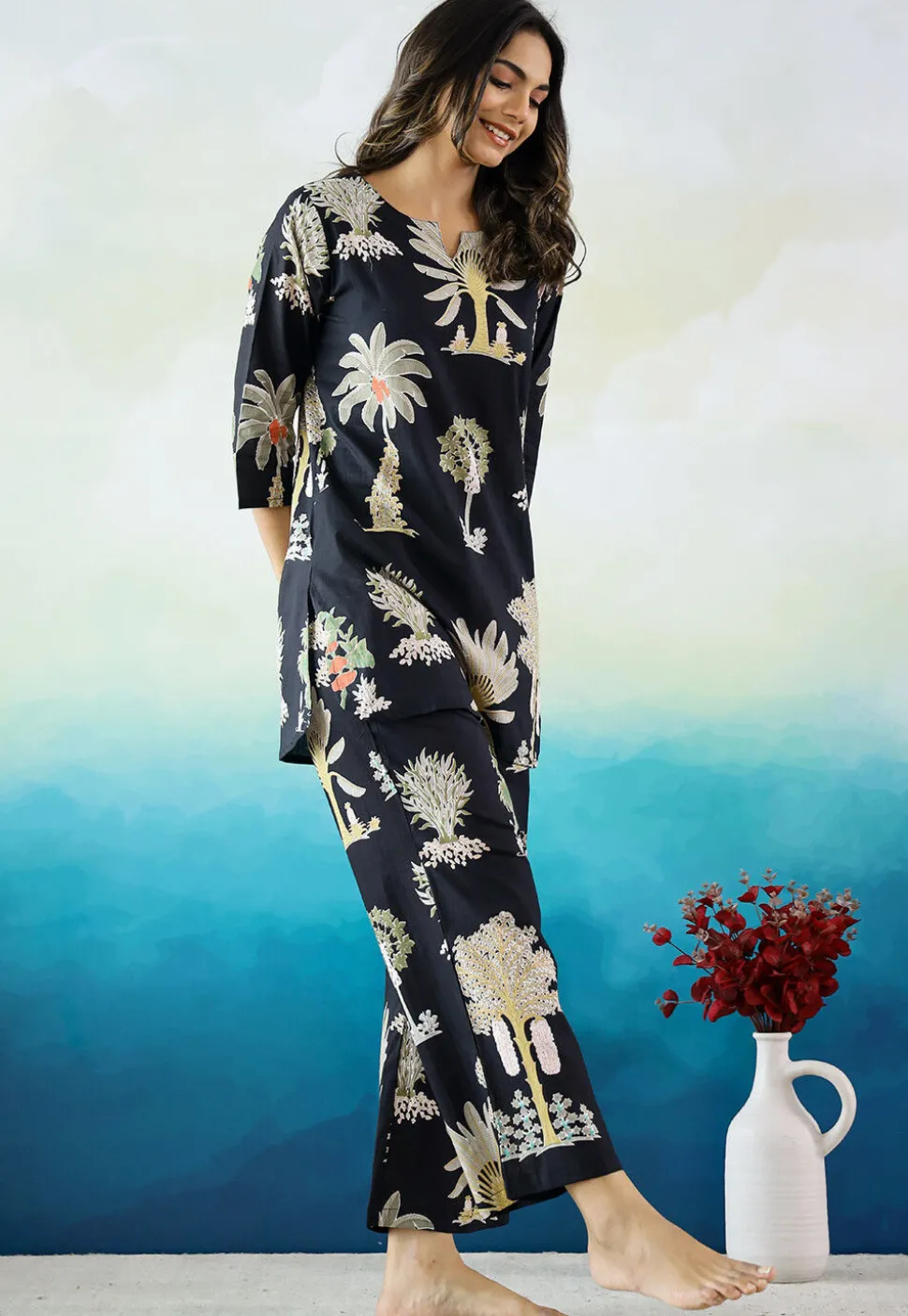 Digital Printed Cotton Co Ord Set in Black