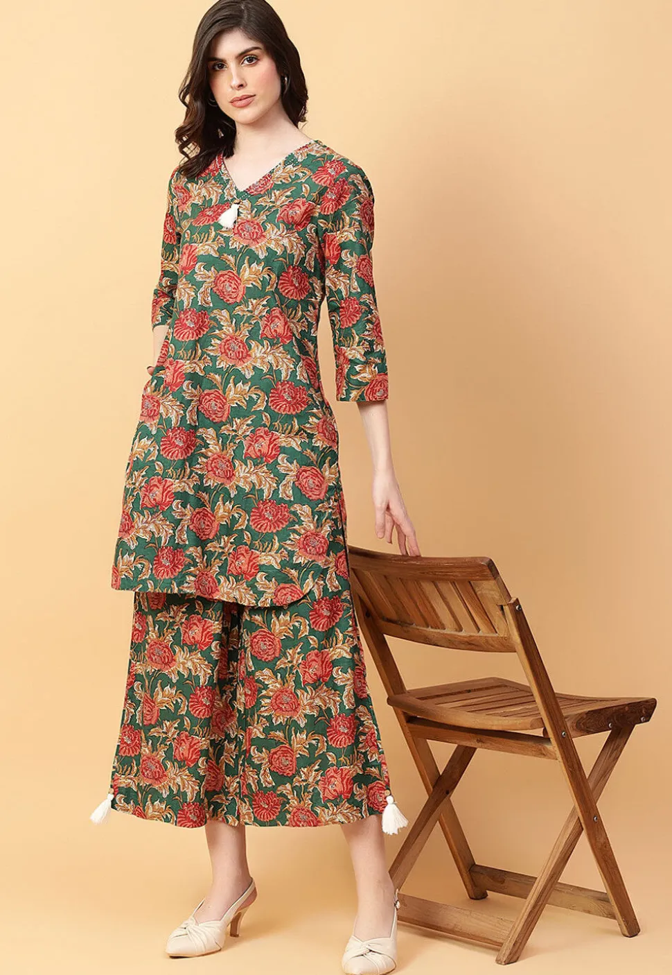 Digital Printed Cotton Co Ord Set in Dark Green