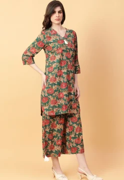Digital Printed Cotton Co Ord Set in Dark Green