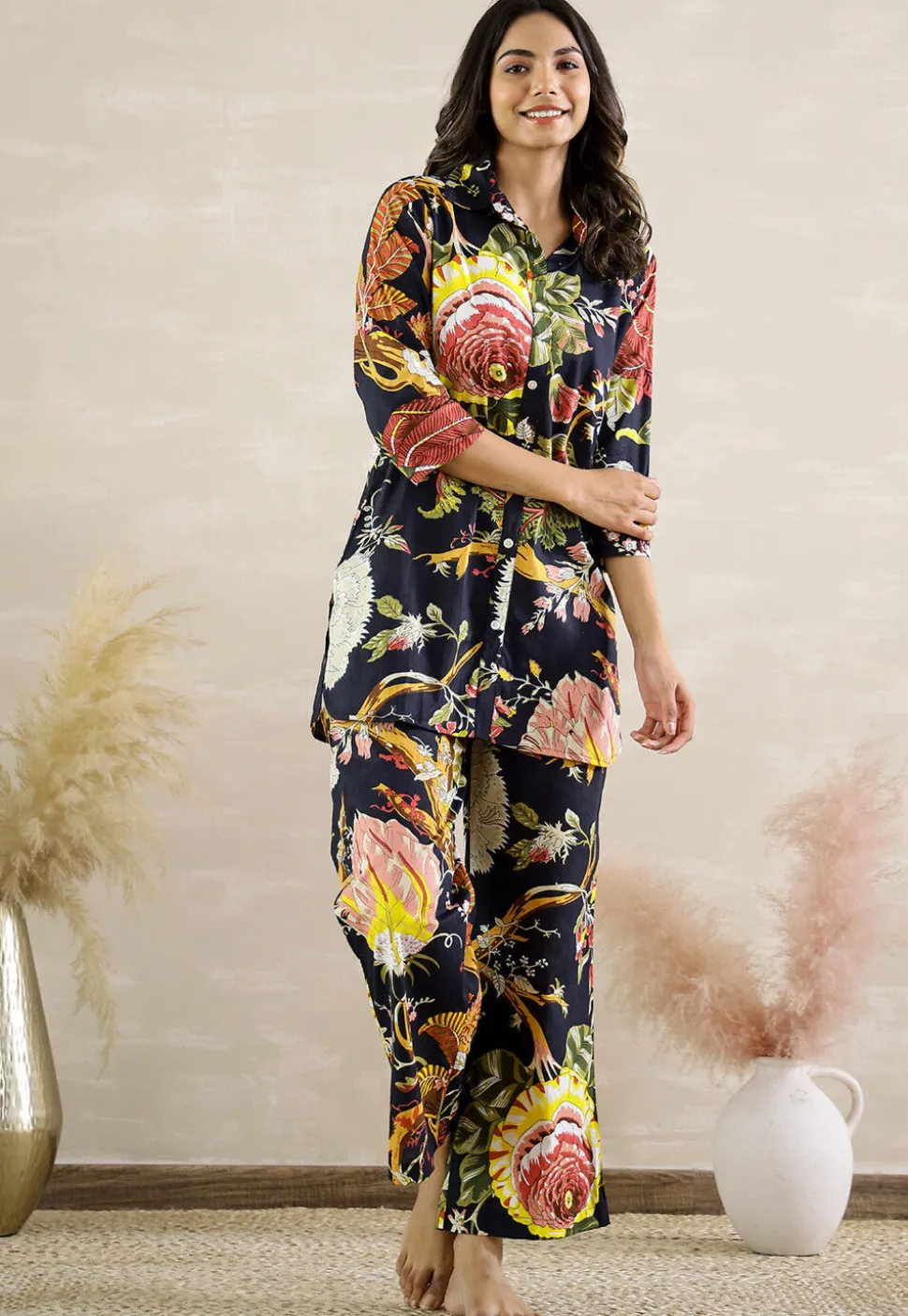 Digital Printed Cotton Co Ord Set in Black