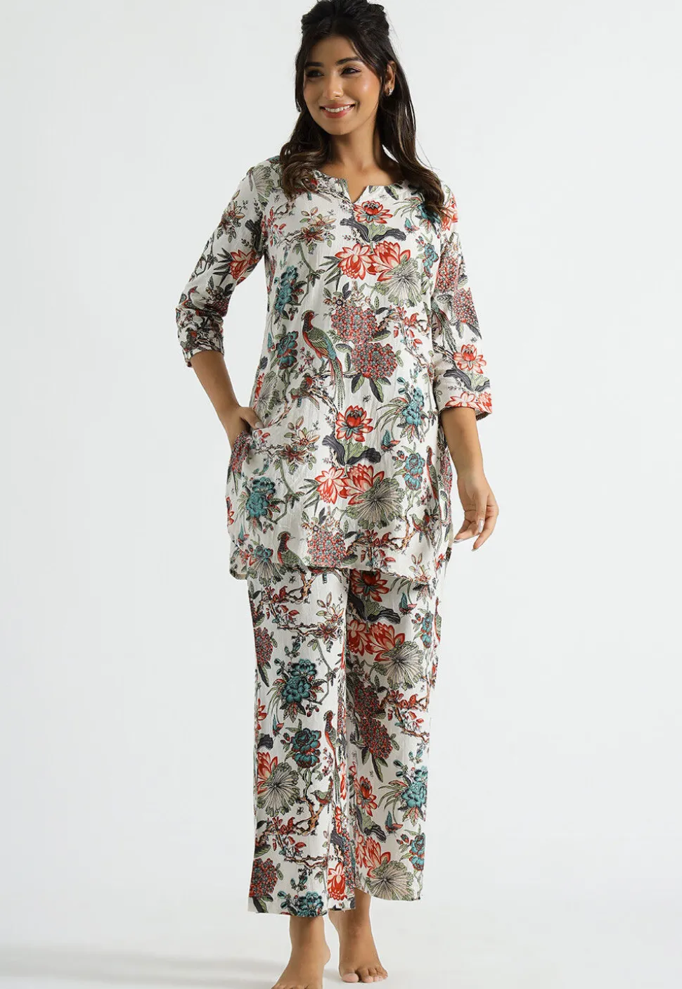 Digital Printed Cotton Co Ord Set in Off White