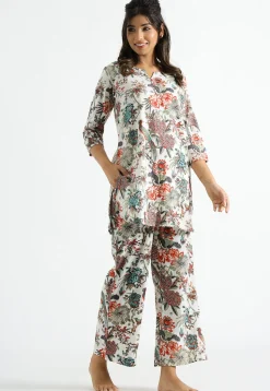 Digital Printed Cotton Co Ord Set in Off White