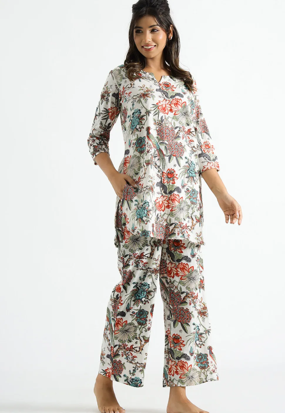 Digital Printed Cotton Co Ord Set in Off White