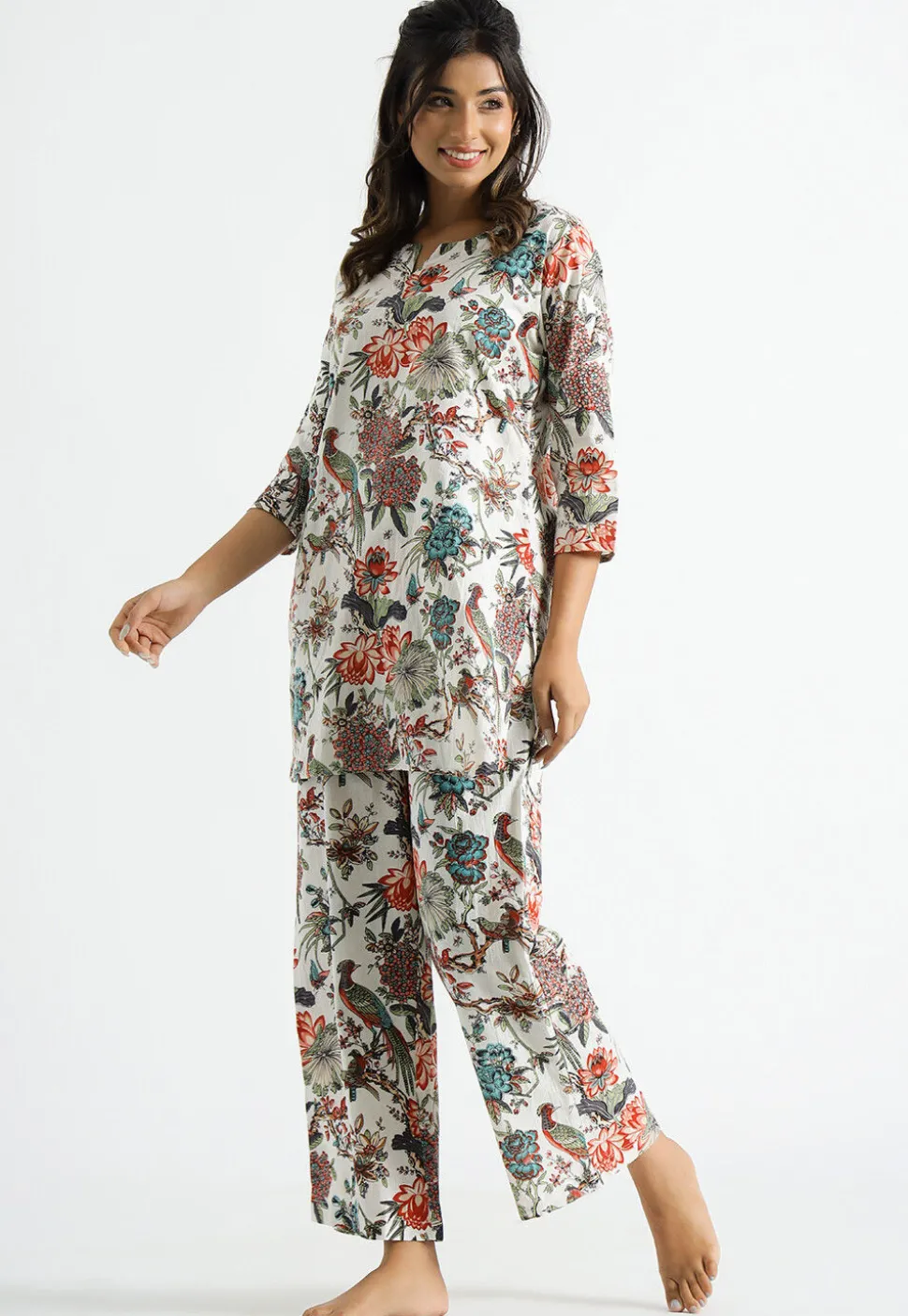 Digital Printed Cotton Co Ord Set in Off White