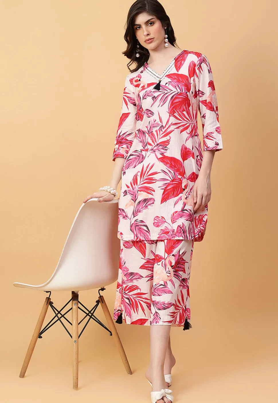 Digital Printed Cotton Co Ord Set in Off White