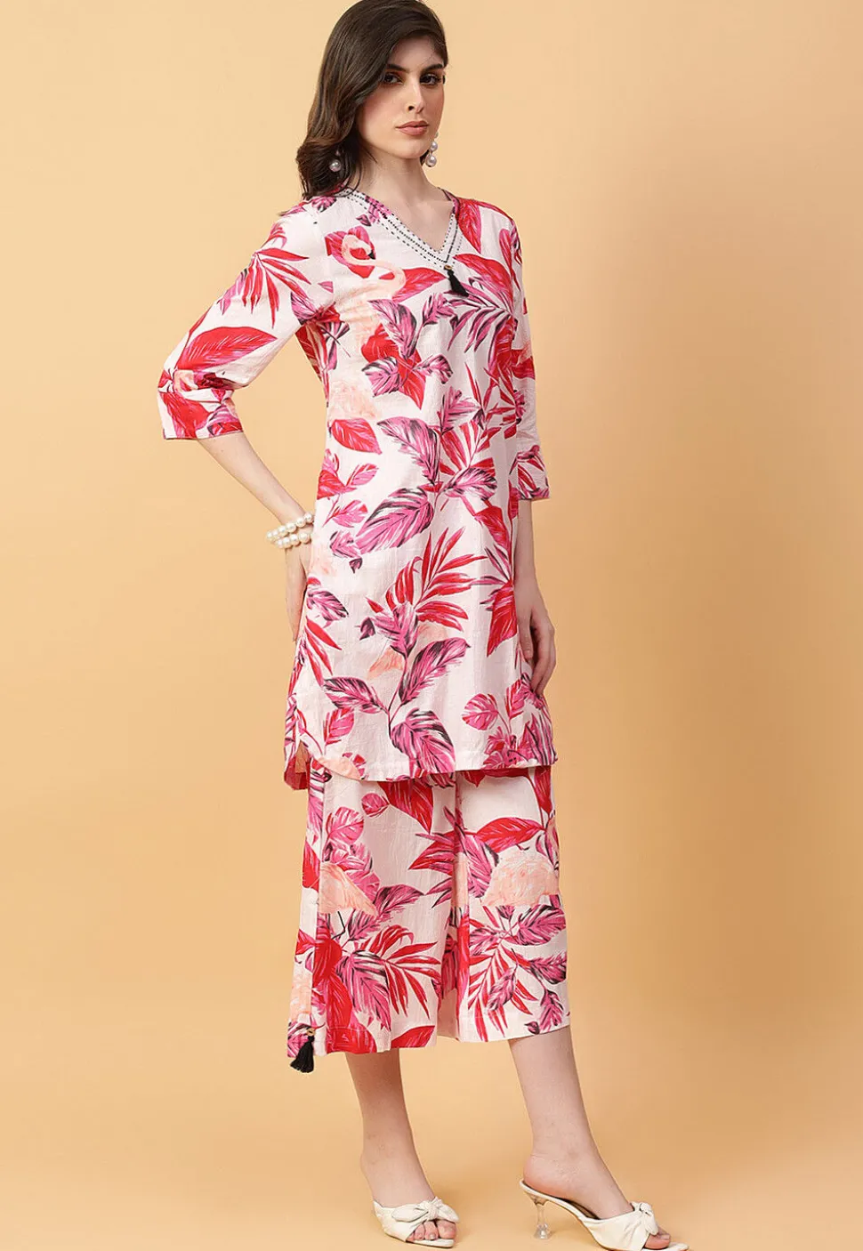 Digital Printed Cotton Co Ord Set in Off White