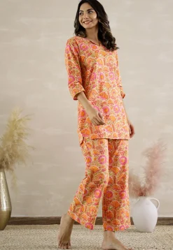 Digital Printed Cotton Co Ord Set in Light Orange