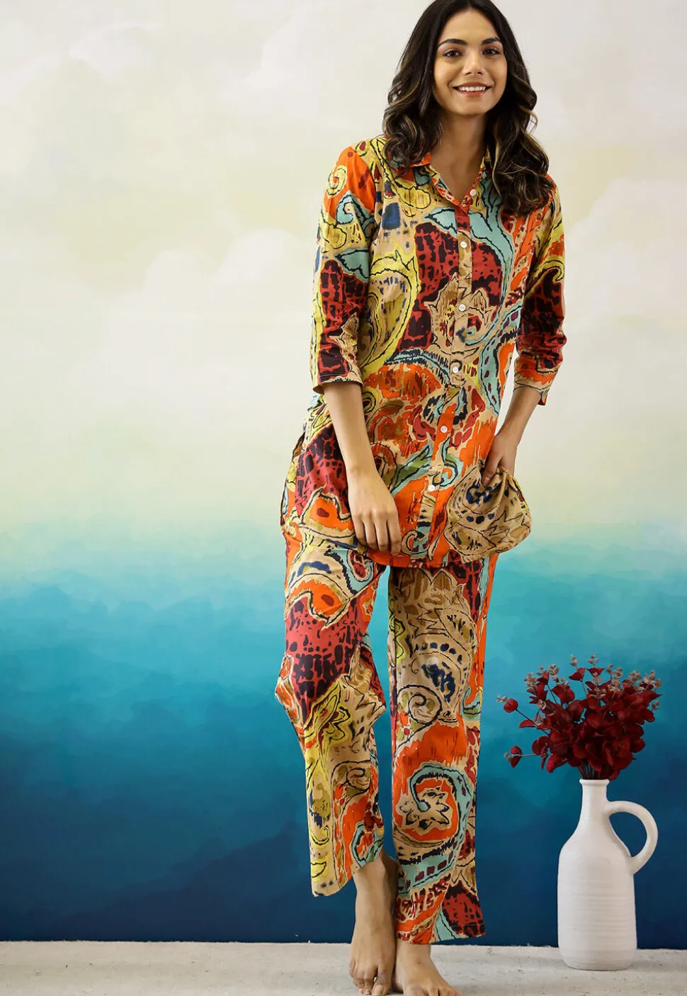 Digital Printed Cotton Co Ord Set in Multicolor