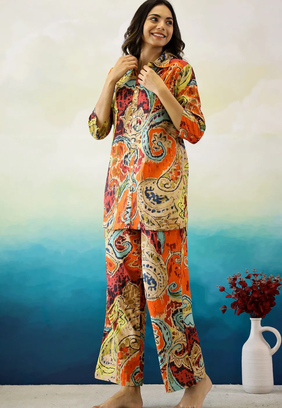 Digital Printed Cotton Co Ord Set in Multicolor